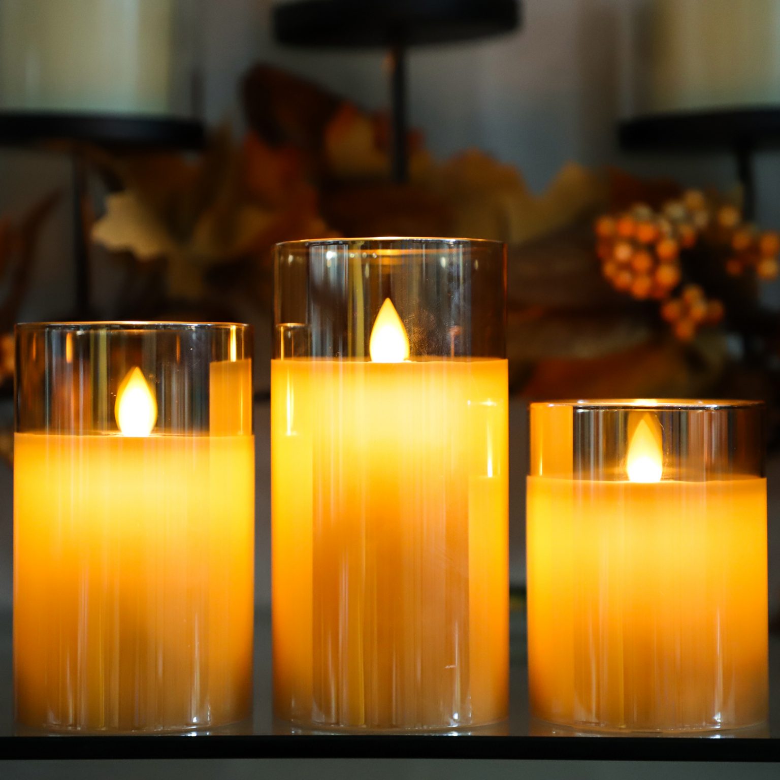 D3" x H4" 5" 6" Luxury Gold Glass Pillar Moving Flame Paraffin Wax Flameless Candles with 10Key