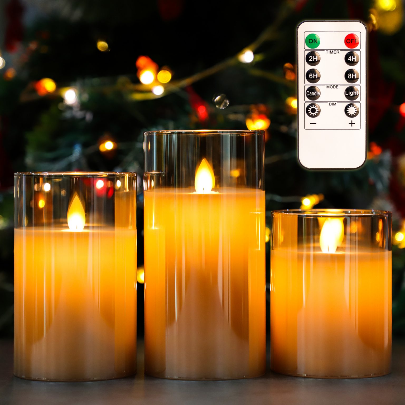 D3" x H4" 5" 6" Luxury Gold Glass Pillar Moving Flame Paraffin Wax