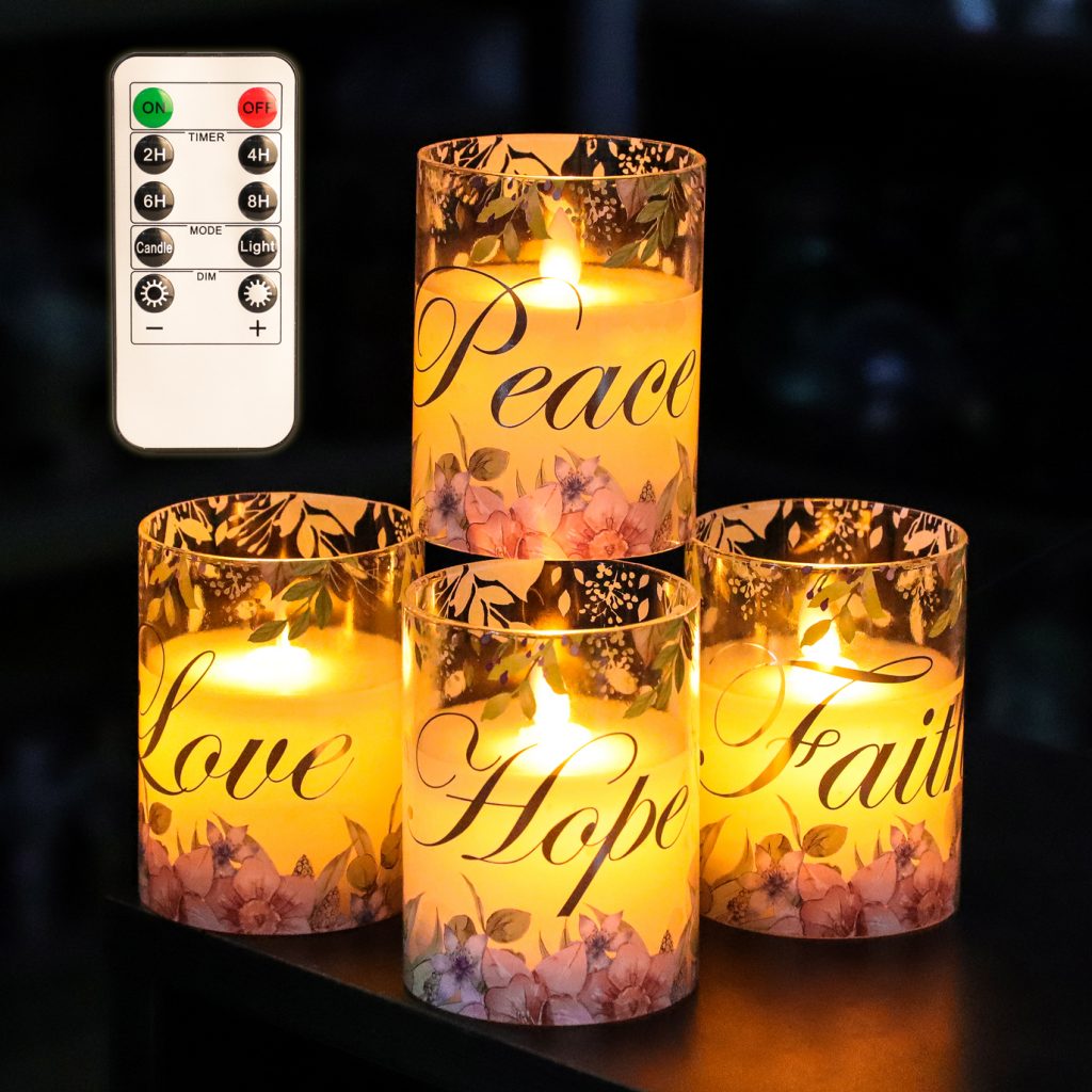 Christian Themed Moving Flame Paraffin Wax Flameless Candles with 10Key Remote ,D3″ x H4″ Set