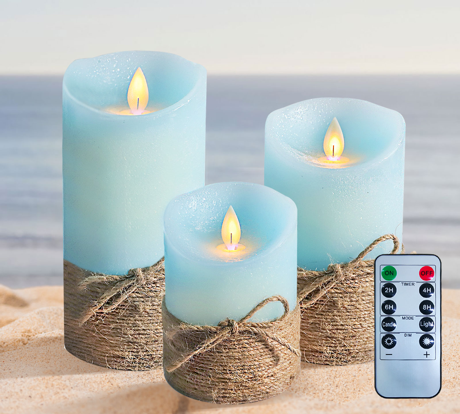 Nautical Theme Ocean Blue Moving Wick Flameless Candles with Remote for